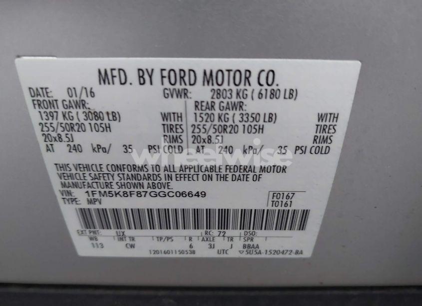 Photo 9 of 2016 Ford Explorer LIMITED (VIN 1FM5K8F87GGC06649)