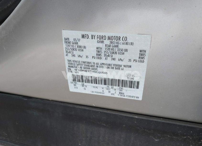 Photo 9 of 2017 Ford Explorer LIMITED (VIN 1FM5K8F87HGD00645)