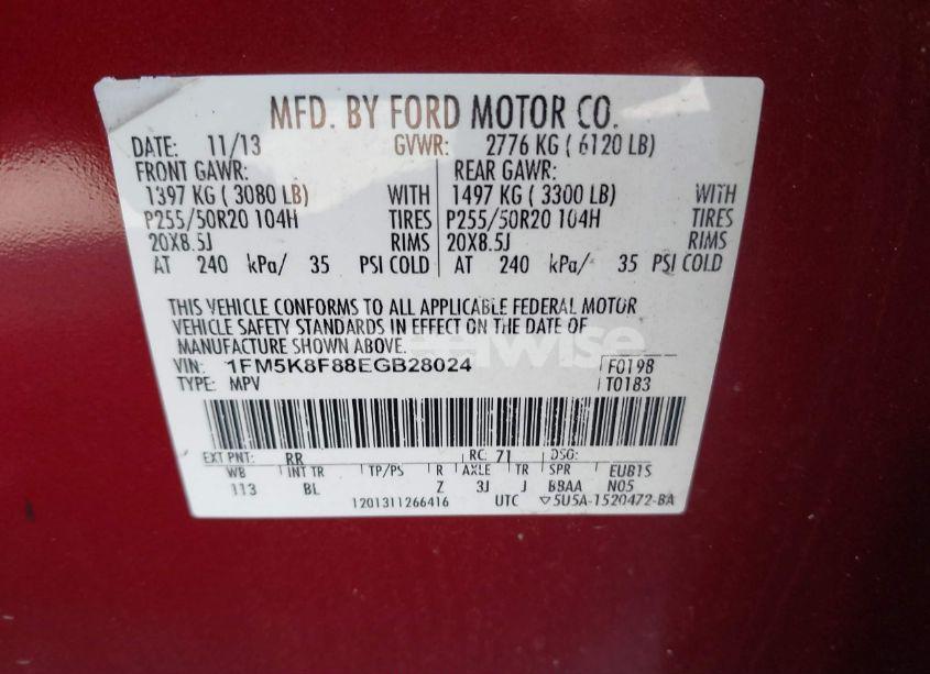 Photo 9 of 2014 Ford Explorer LIMITED (VIN 1FM5K8F88EGB28024)