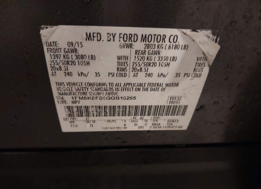 Photo 9 of 2016 Ford Explorer LIMITED (VIN 1FM5K8F88GGB16295)