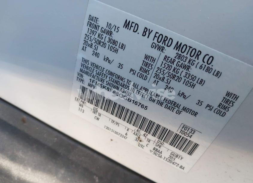 Photo 9 of 2016 Ford Explorer LIMITED (VIN 1FM5K8F88GGB16765)