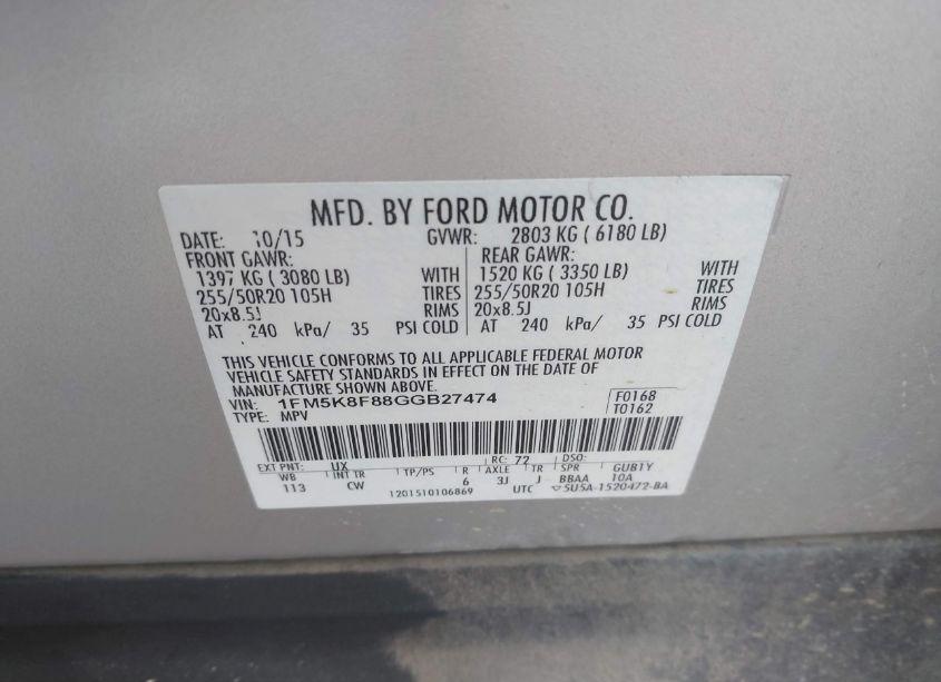 Photo 9 of 2016 Ford Explorer LIMITED (VIN 1FM5K8F88GGB27474)