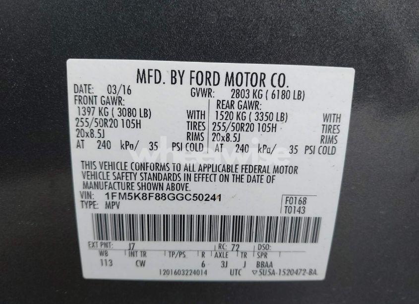 Photo 9 of 2016 Ford Explorer LIMITED (VIN 1FM5K8F88GGC50241)