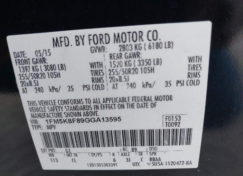 Photo 9 of 2016 Ford Explorer LIMITED (VIN 1FM5K8F89GGA13595)