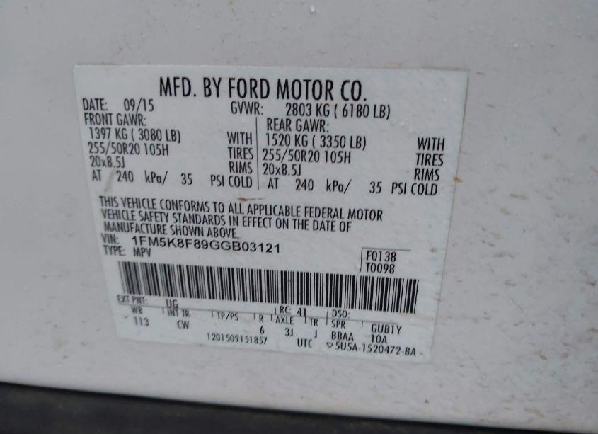 Photo 9 of 2016 Ford Explorer LIMITED (VIN 1FM5K8F89GGB03121)