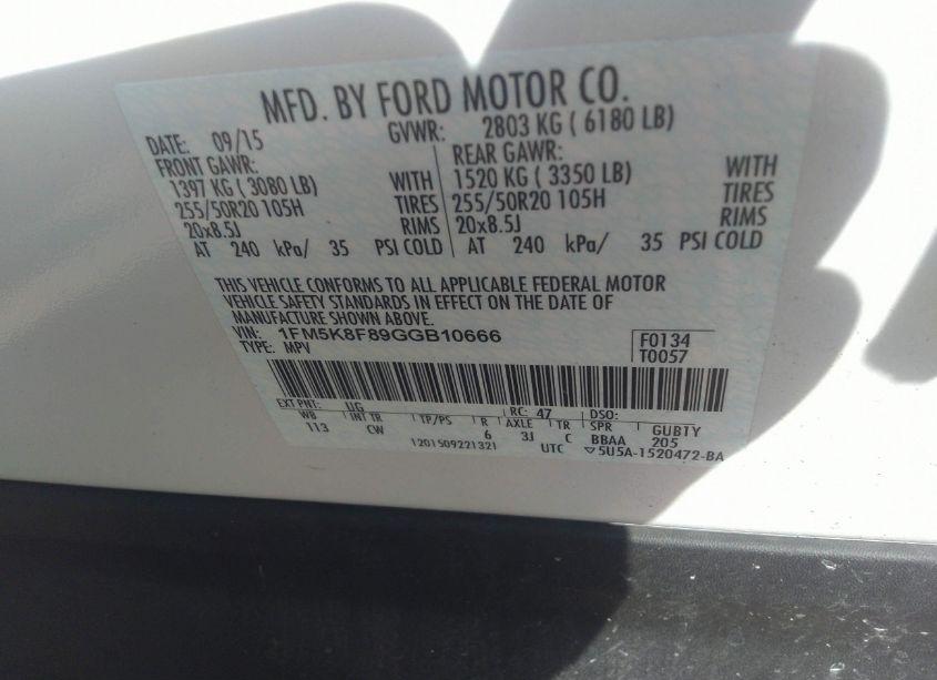 Photo 9 of 2016 Ford Explorer LIMITED (VIN 1FM5K8F89GGB10666)