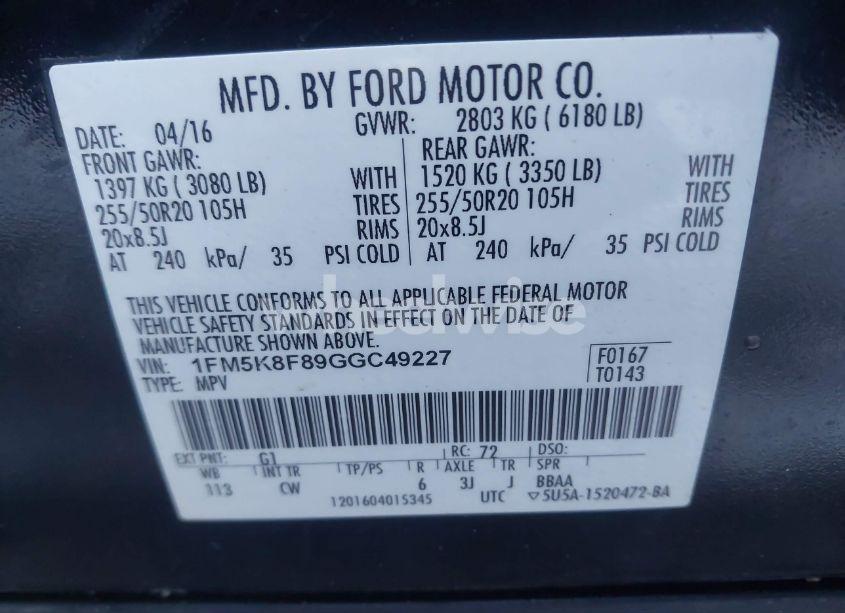 Photo 9 of 2016 Ford Explorer LIMITED (VIN 1FM5K8F89GGC49227)