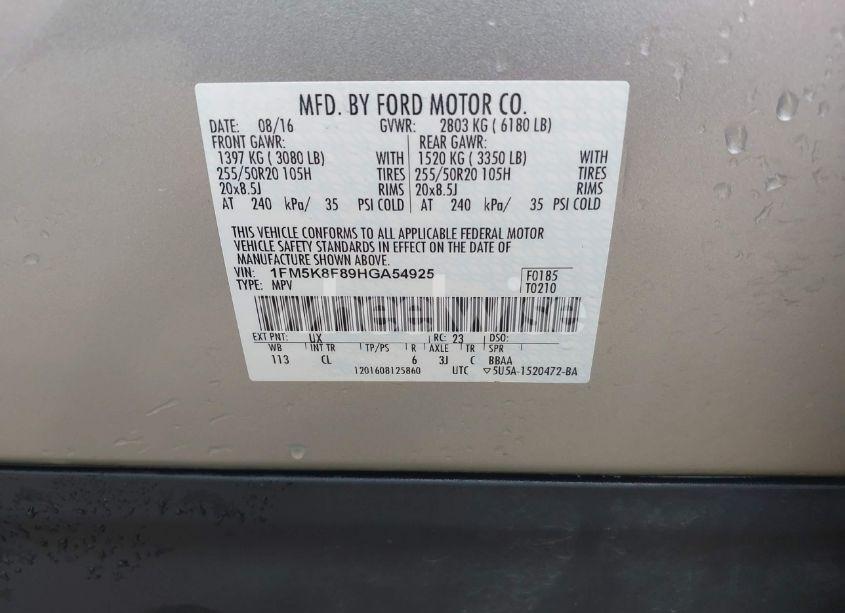 Photo 9 of 2017 Ford Explorer LIMITED (VIN 1FM5K8F89HGA54925)