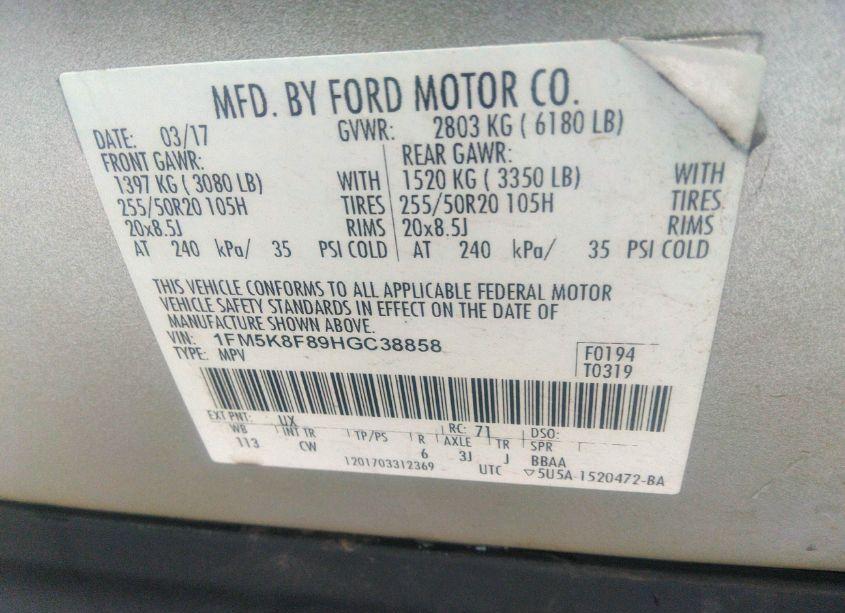 Photo 9 of 2017 Ford Explorer LIMITED (VIN 1FM5K8F89HGC38858)