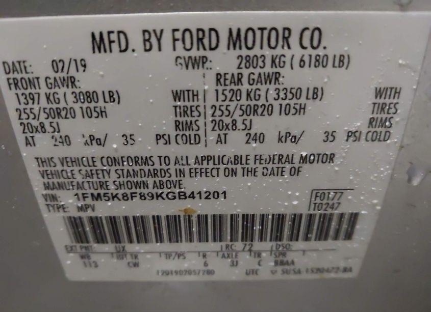 Photo 9 of 2019 Ford Explorer LIMITED (VIN 1FM5K8F89KGB41201)