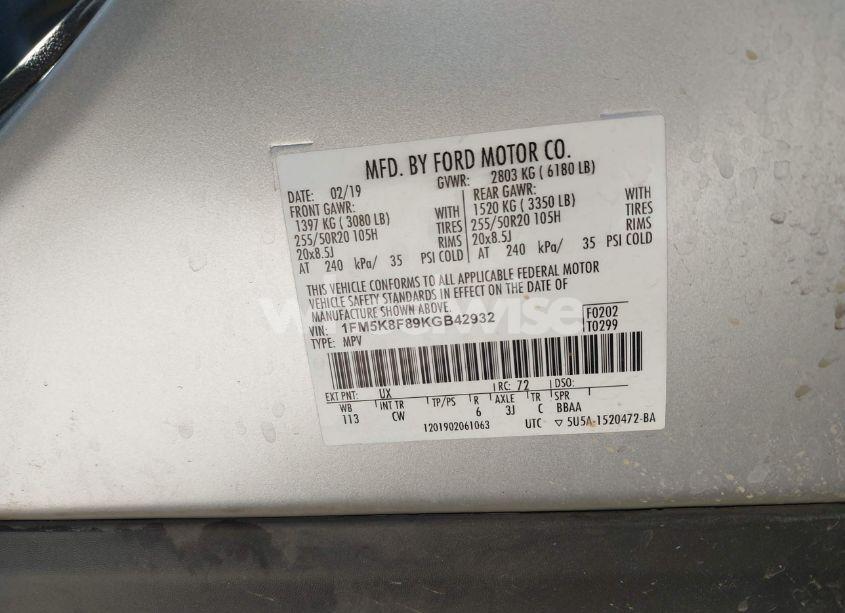 Photo 9 of 2019 Ford Explorer LIMITED (VIN 1FM5K8F89KGB42932)