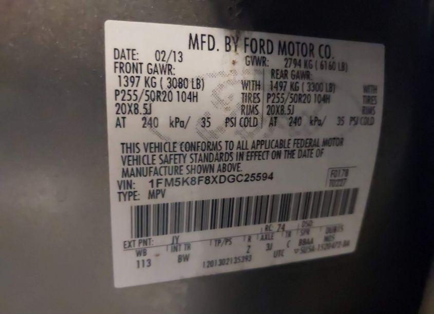 Photo 9 of 2013 Ford Explorer LIMITED (VIN 1FM5K8F8XDGC25594)