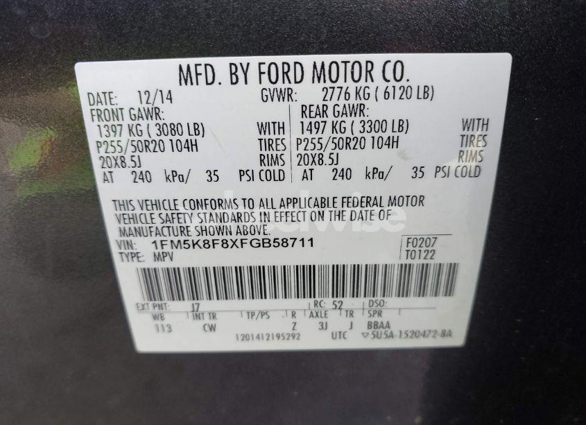 Photo 9 of 2015 Ford Explorer LIMITED (VIN 1FM5K8F8XFGB58711)