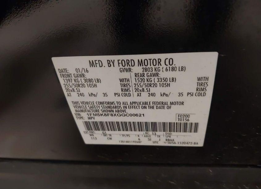 Photo 9 of 2016 Ford Explorer LIMITED (VIN 1FM5K8F8XGGC00621)