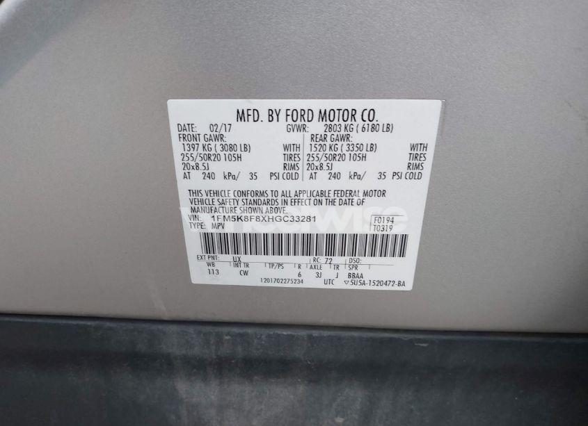 Photo 9 of 2017 Ford Explorer LIMITED (VIN 1FM5K8F8XHGC33281)