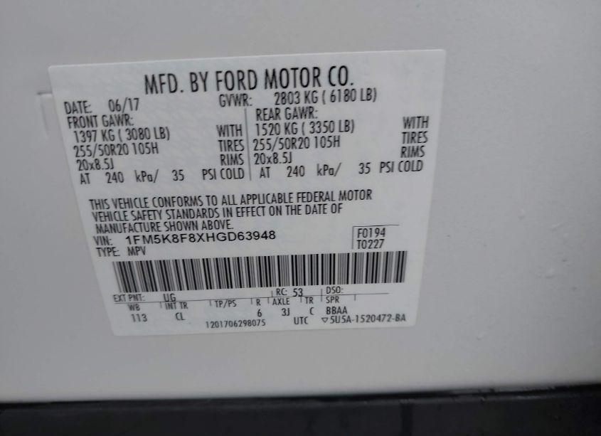 Photo 9 of 2017 Ford Explorer LIMITED (VIN 1FM5K8F8XHGD63948)