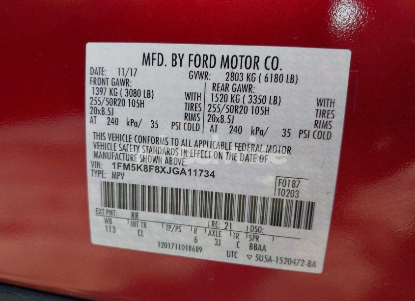 Photo 9 of 2018 Ford Explorer LIMITED (VIN 1FM5K8F8XJGA11734)