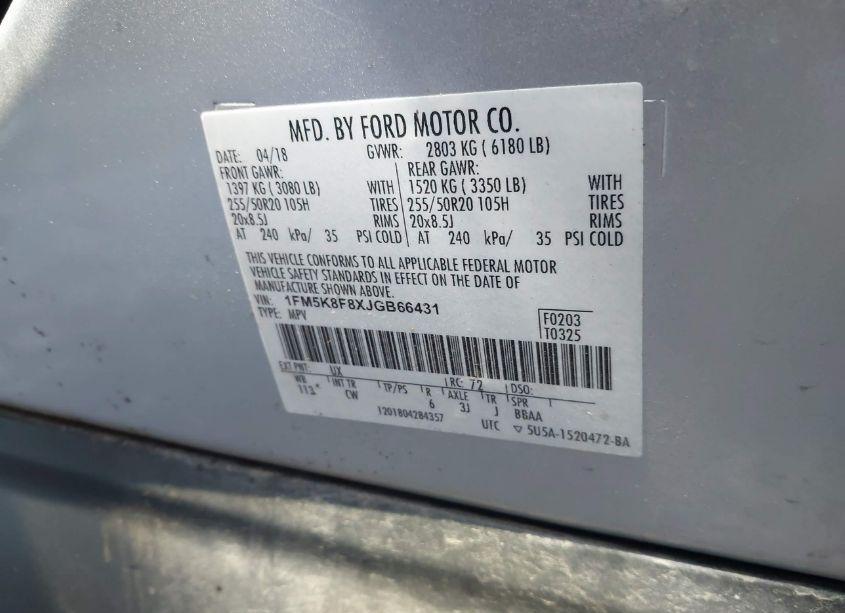 Photo 9 of 2018 Ford Explorer LIMITED (VIN 1FM5K8F8XJGB66431)