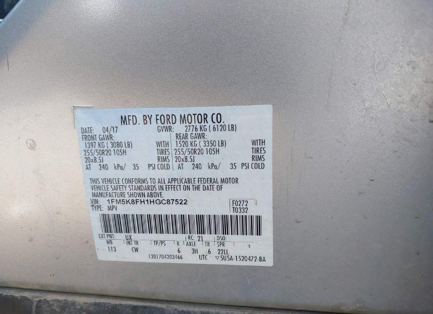 Photo 9 of 2017 Ford Explorer LIMITED (VIN 1FM5K8FH1HGC87522)