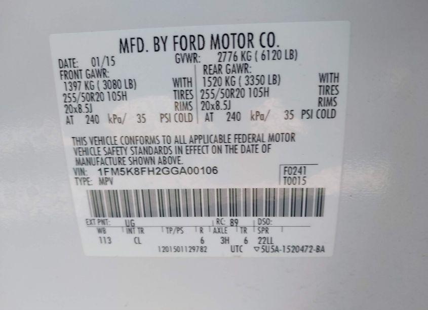 Photo 9 of 2016 Ford Explorer LIMITED (VIN 1FM5K8FH2GGA00106)