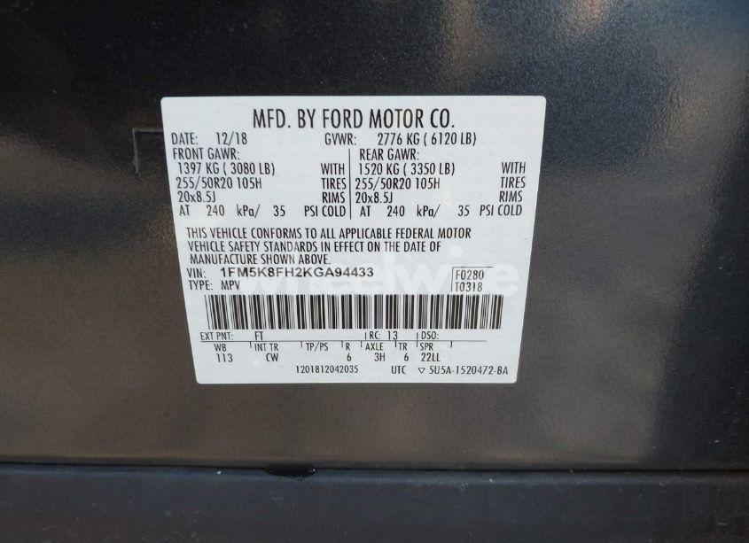 Photo 9 of 2019 Ford Explorer LIMITED (VIN 1FM5K8FH2KGA94433)