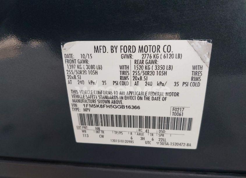 Photo 9 of 2016 Ford Explorer LIMITED (VIN 1FM5K8FH5GGB16366)