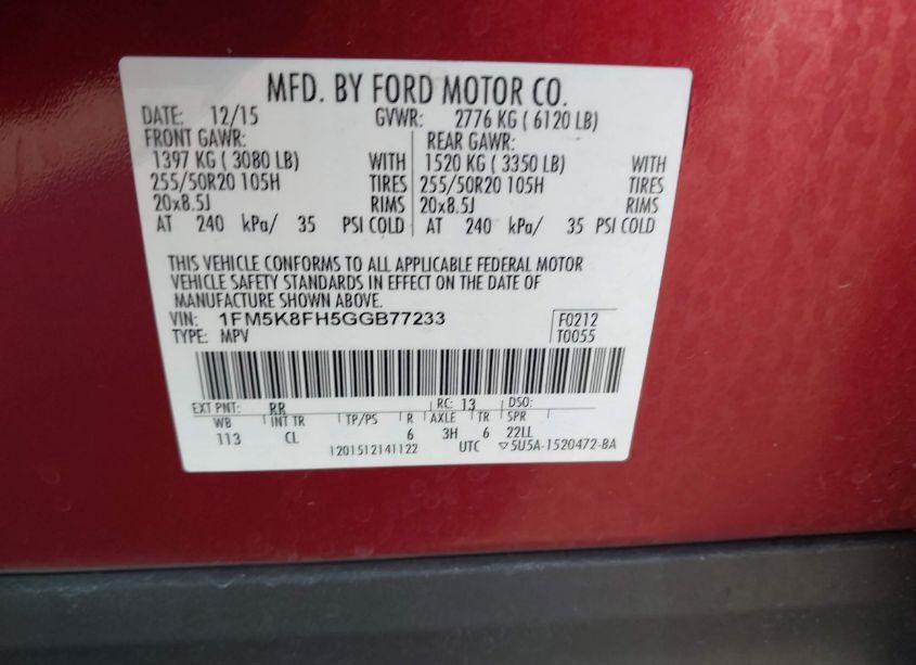 Photo 9 of 2016 Ford Explorer LIMITED (VIN 1FM5K8FH5GGB77233)