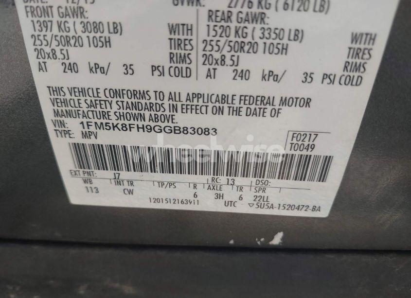 Photo 9 of 2016 Ford Explorer LIMITED (VIN 1FM5K8FH9GGB83083)