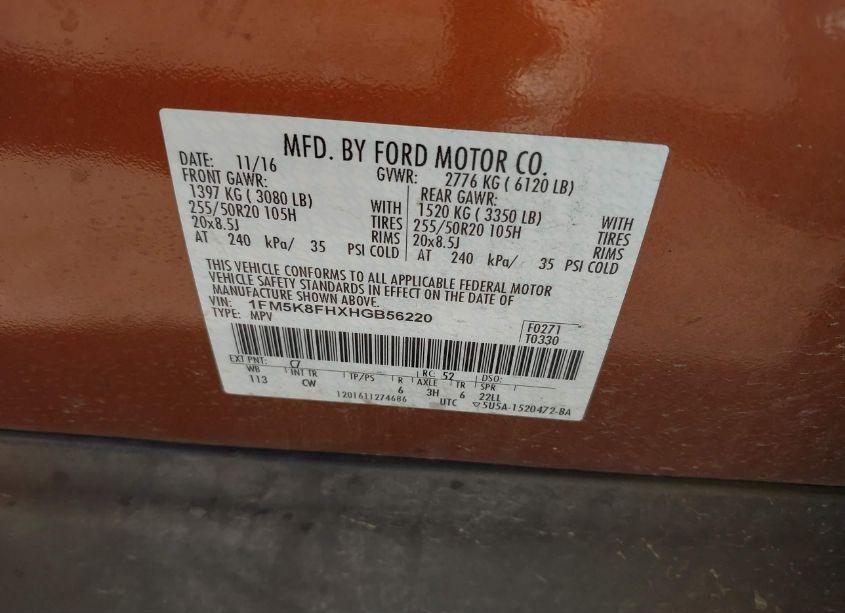 Photo 9 of 2017 Ford Explorer LIMITED (VIN 1FM5K8FHXHGB56220)