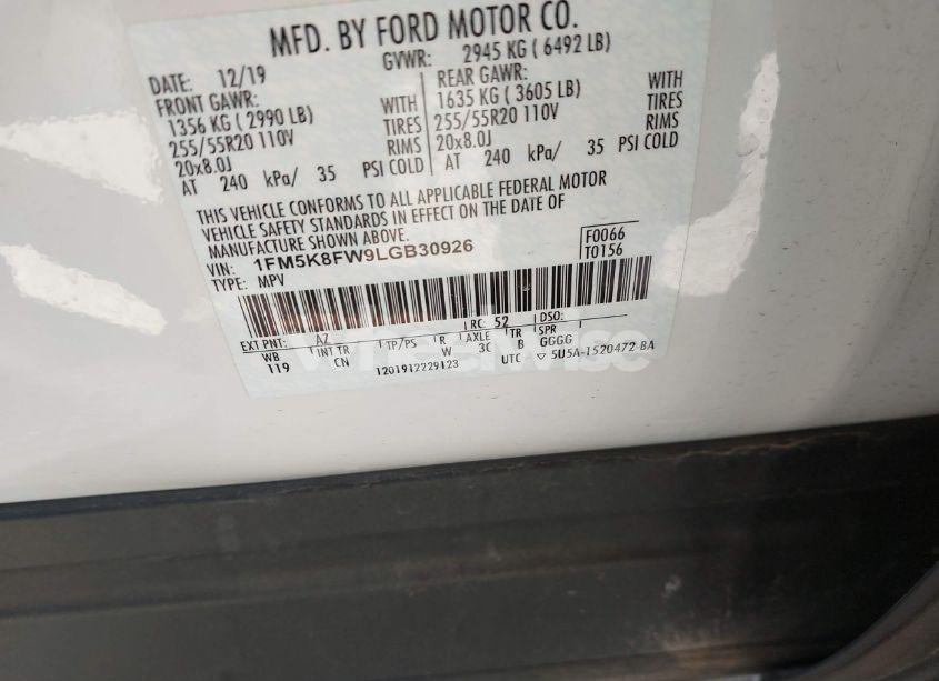 Photo 9 of 2020 Ford Explorer LIMITED (VIN 1FM5K8FW9LGB30926)