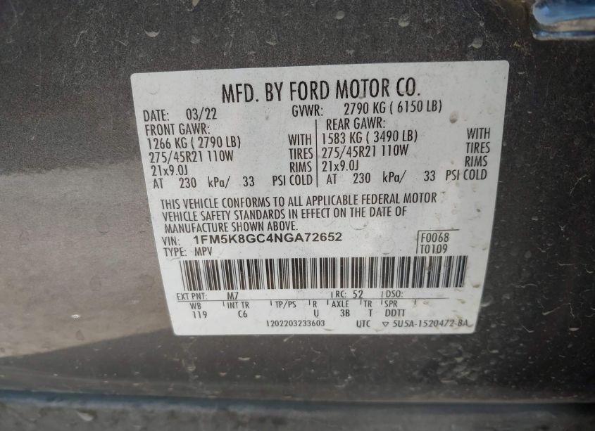 Photo 9 of 2022 Ford Explorer ST (VIN 1FM5K8GC4NGA72652)