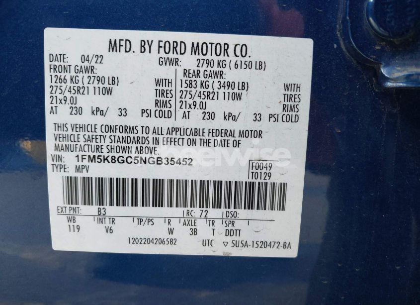 Photo 9 of 2022 Ford Explorer ST (VIN 1FM5K8GC5NGB35452)