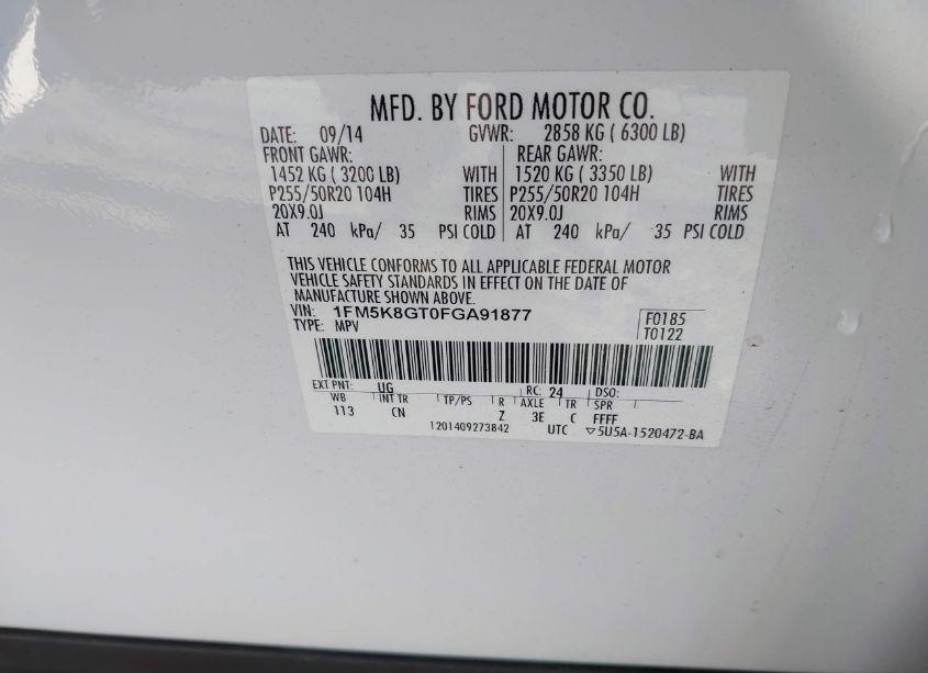 Photo 9 of 2015 Ford Explorer SPORT (VIN 1FM5K8GT0FGA91877)