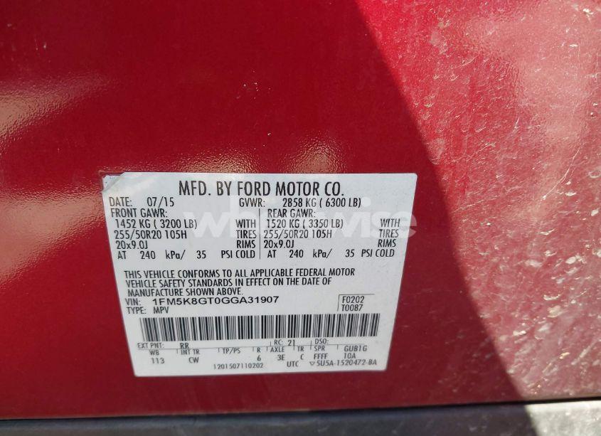 Photo 9 of 2016 Ford Explorer SPORT (VIN 1FM5K8GT0GGA31907)
