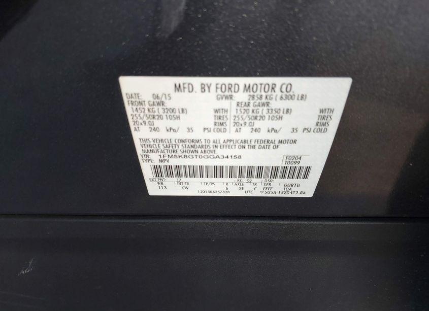 Photo 9 of 2016 Ford Explorer SPORT (VIN 1FM5K8GT0GGA34158)