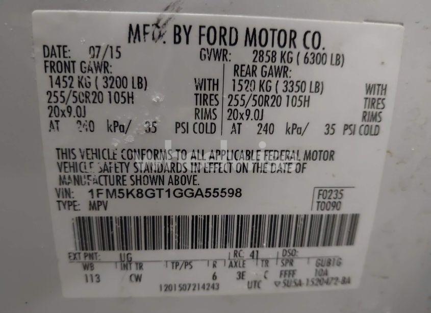 Photo 9 of 2016 Ford Explorer SPORT (VIN 1FM5K8GT1GGA55598)