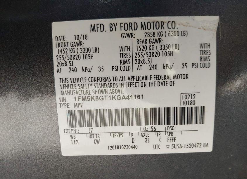 Photo 9 of 2019 Ford Explorer SPORT (VIN 1FM5K8GT1KGA41161)