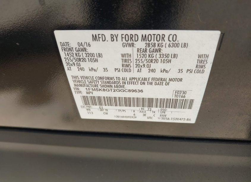 Photo 9 of 2016 Ford Explorer SPORT (VIN 1FM5K8GT2GGC89636)