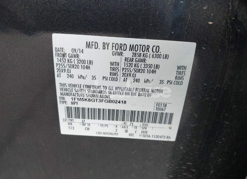Photo 9 of 2015 Ford Explorer SPORT (VIN 1FM5K8GT3FGB02418)