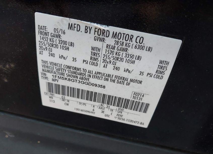 Photo 9 of 2016 Ford Explorer SPORT (VIN 1FM5K8GT3GGD09358)