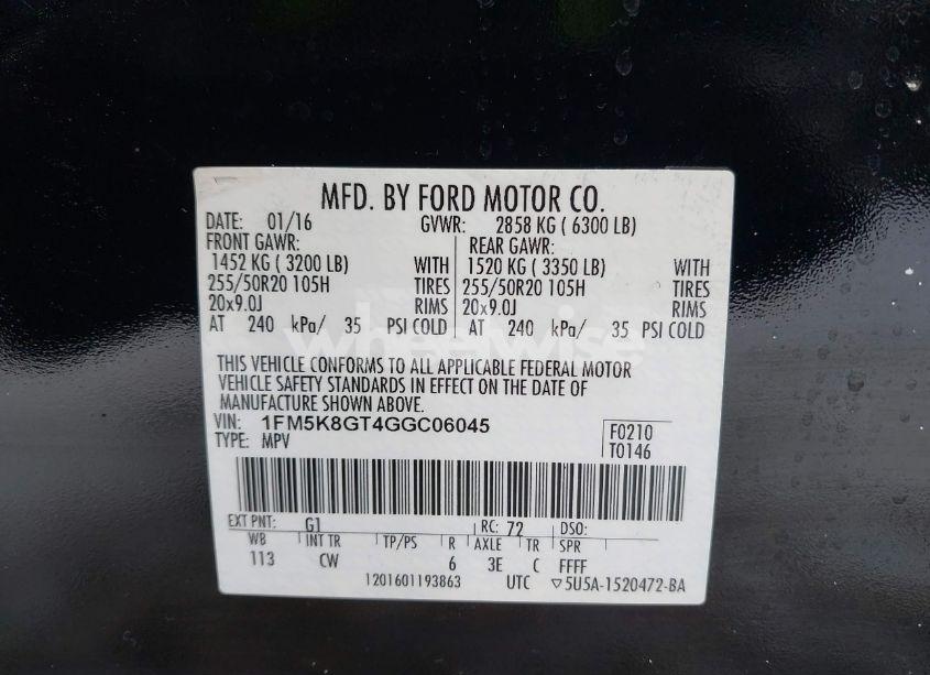 Photo 9 of 2016 Ford Explorer SPORT (VIN 1FM5K8GT4GGC06045)