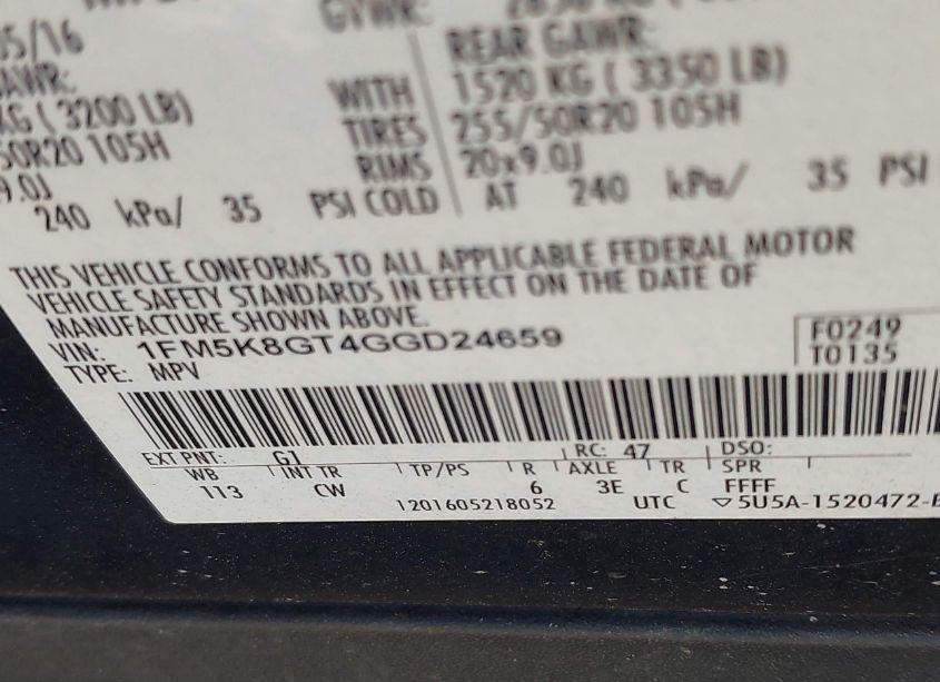 Photo 9 of 2016 Ford Explorer SPORT (VIN 1FM5K8GT4GGD24659)