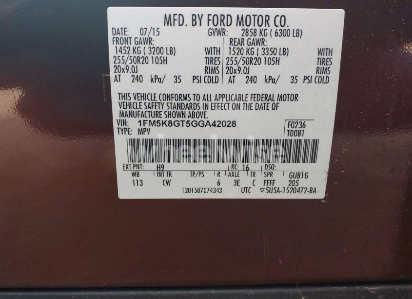 Photo 9 of 2016 Ford Explorer SPORT (VIN 1FM5K8GT5GGA42028)