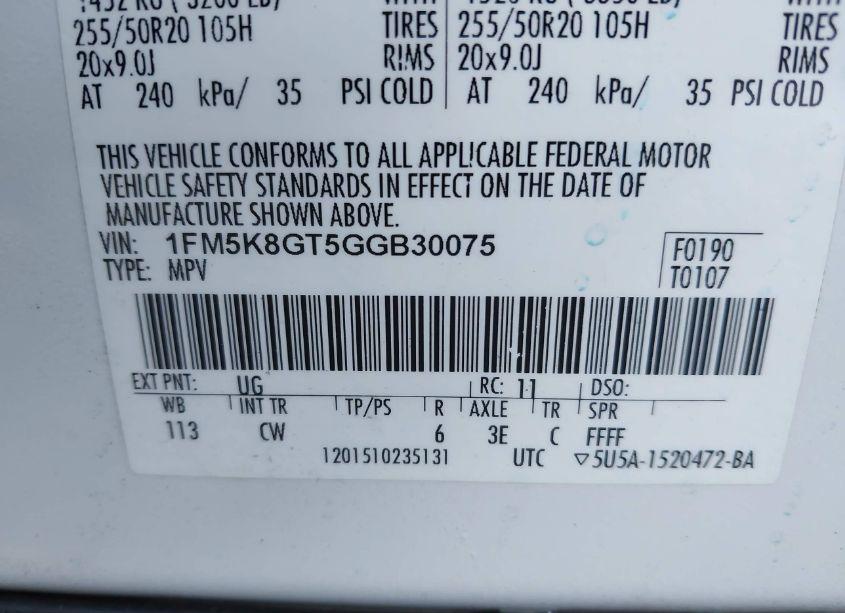 Photo 9 of 2016 Ford Explorer SPORT (VIN 1FM5K8GT5GGB30075)