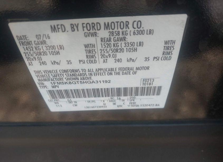 Photo 9 of 2017 Ford Explorer SPORT (VIN 1FM5K8GT5HGA31192)