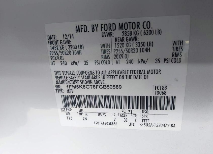 Photo 9 of 2015 Ford Explorer SPORT (VIN 1FM5K8GT6FGB50589)