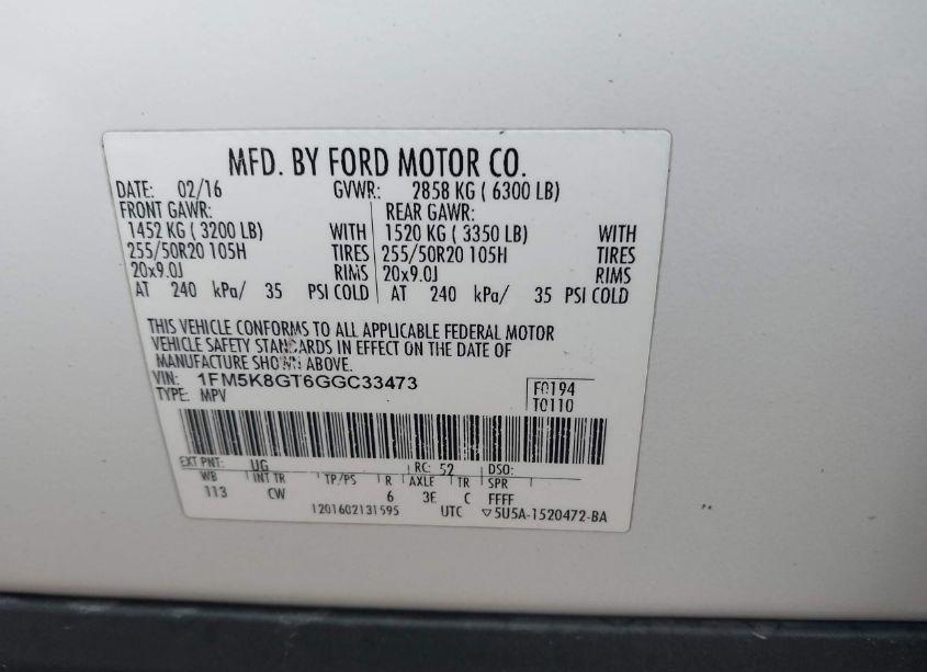 Photo 9 of 2016 Ford Explorer SPORT (VIN 1FM5K8GT6GGC33473)