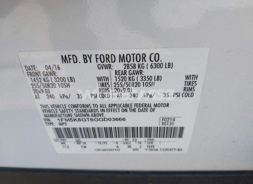 Photo 9 of 2016 Ford Explorer SPORT (VIN 1FM5K8GT6GGD03666)