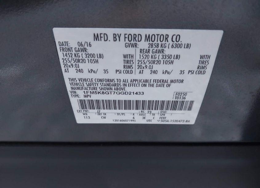 Photo 9 of 2016 Ford Explorer SPORT (VIN 1FM5K8GT7GGD21433)