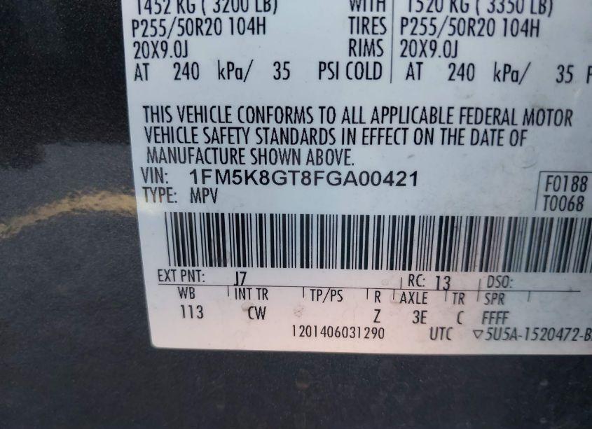 Photo 9 of 2015 Ford Explorer SPORT (VIN 1FM5K8GT8FGA00421)